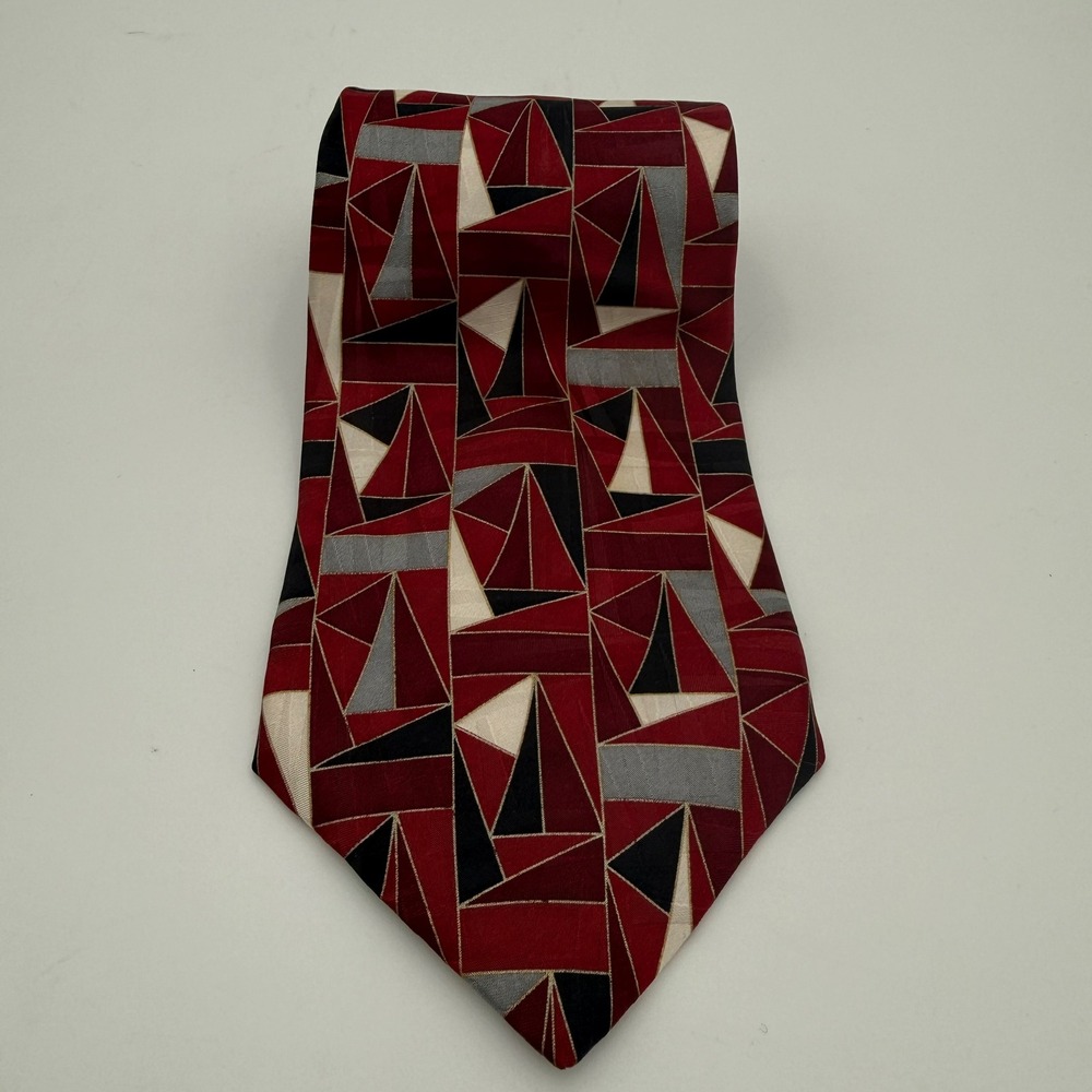 Zylos George Machado Silk Tie Red Black Grey Geometric Abstract Italian Silk EUC